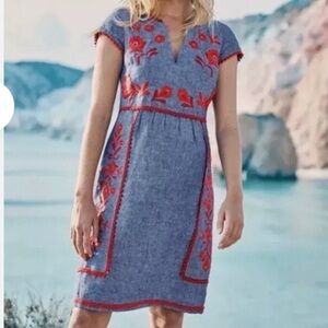 Boden Bea Blue Linen Red Floral Embroidered Dress Size 10